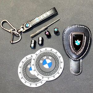 BMW Leather Keychain, Tire Valves, Cup Holders, Sunglasses holder & screwdriver